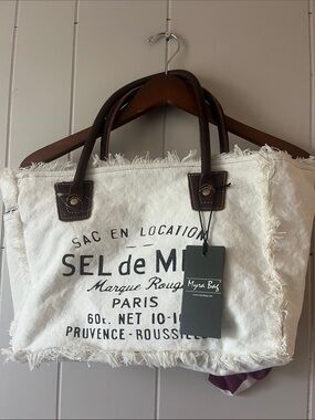 Myra Bag White Canvas Tote with Brown Leather Handles and Black Print